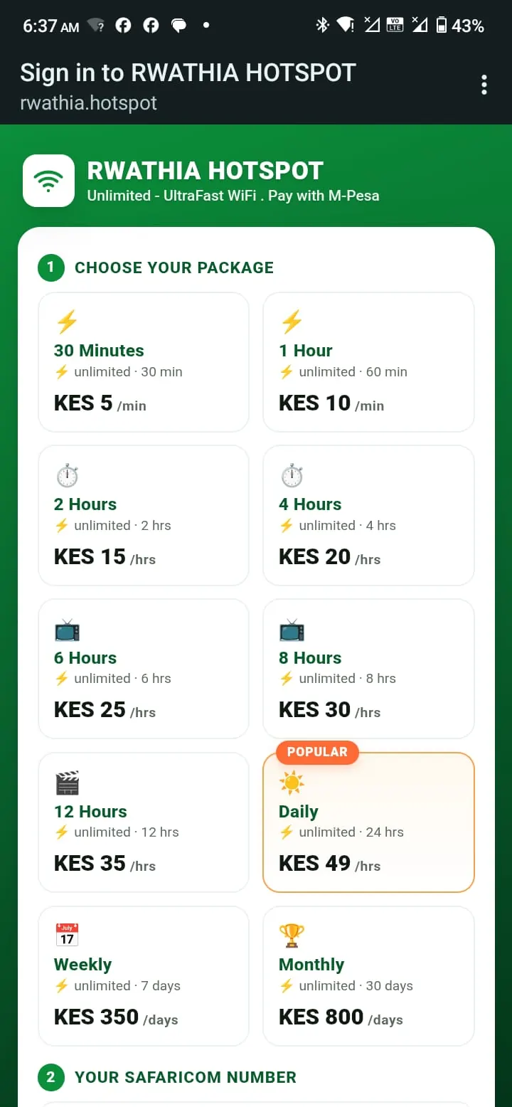 Rwathia Hotspot package-selection screen showing timed Wi-Fi plans