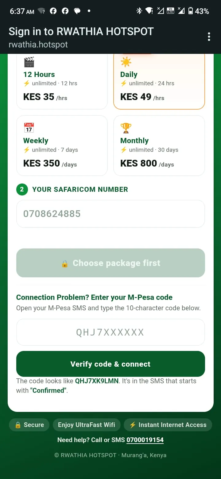 Rwathia Hotspot Safaricom number and M-Pesa verification screen