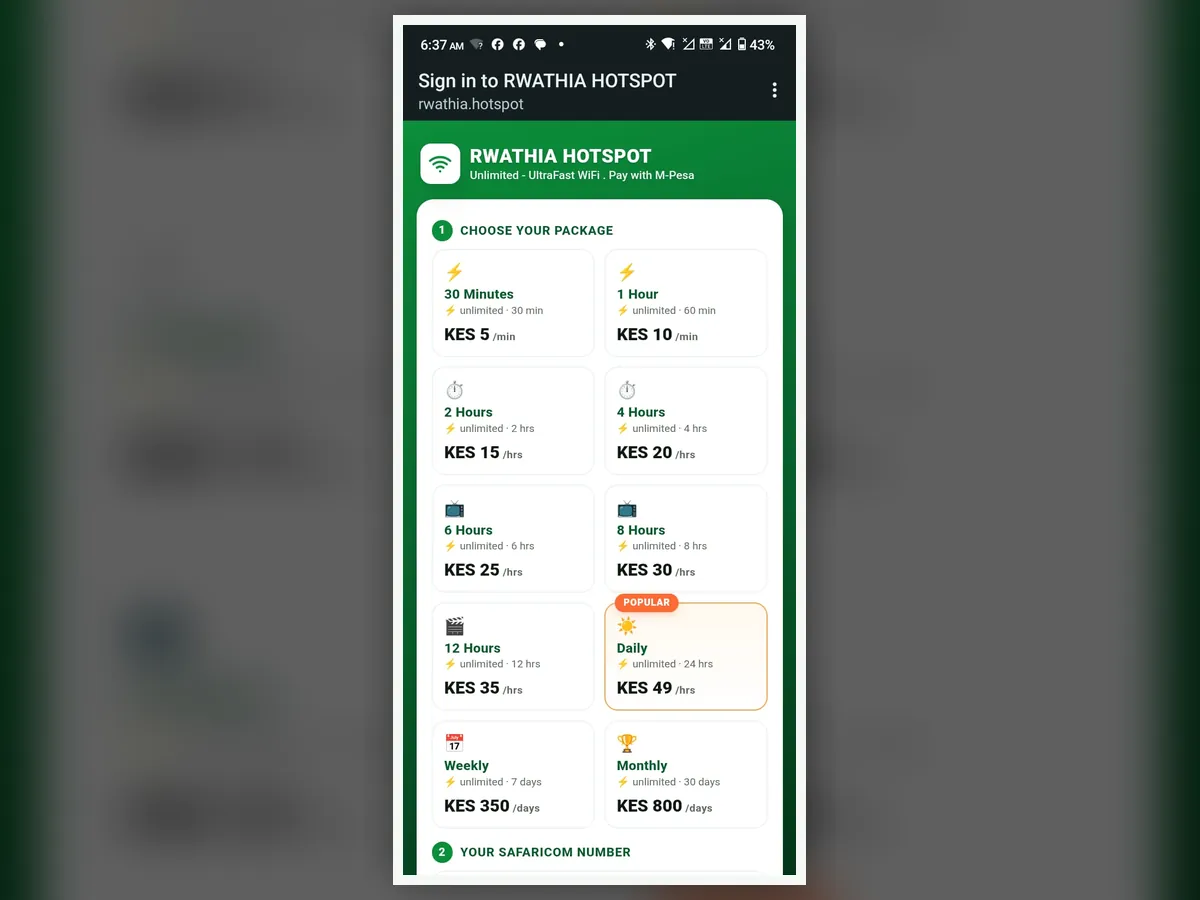 Rwathia Hotspot mobile billing and package-selection interface